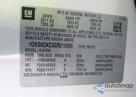 2016 Chevrolet Tahoe Ltz z USA, uszkodzony, nr VIN 1GNSKCKC0GR210980